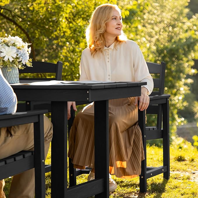 SERWALL Patio Dining Table Sets 5-Piece, Outdoor HDPE Dining Furniture Set with Umbrella Hole Cut-Out Table and 4 Chairs, All Weather Dining Set for Lawn, Garden, Backyard, Poolside, Black