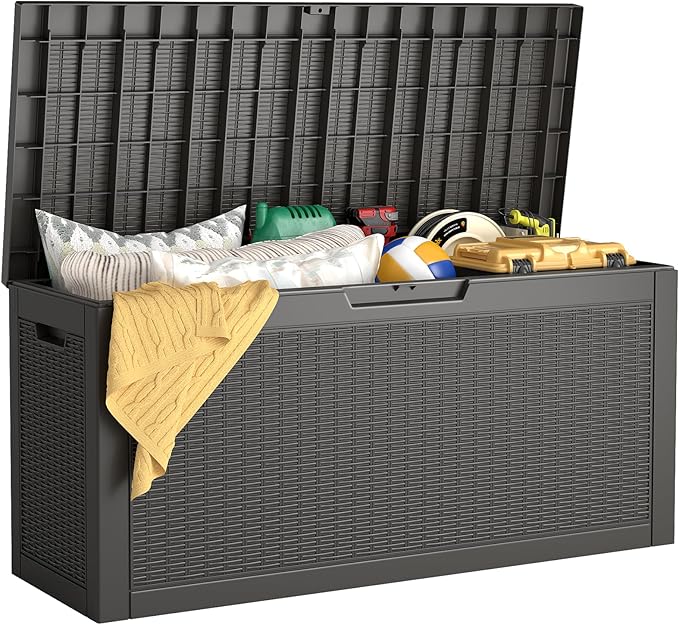 Outdoor Storage Box, 60 Gallon Waterproof Resin Deck Box, Storage Bin for Package Delivery, Patio Furniture Cushion, Garden Tools, Pool Accessories, Weatherproof and UV Resistant, Black