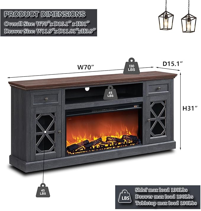 Farmhouse Fireplace TV Stand with 36" Electric Fireplace for 80 Inch TVs, 31" Tall Entertainment Center w/Drawer & Diamond Panel Door, Highboy Media Console for Living Room, 70inch, Dark Grey
