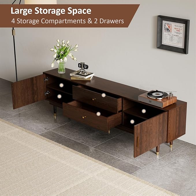 XEW Walnut TV Stand for 75 inch TV, 70.9" Entertainment Center with 2 Storage Cabinet & 2 Drawers, Modern TV Console, Mid Century Media Console for Living Room/Bedroom