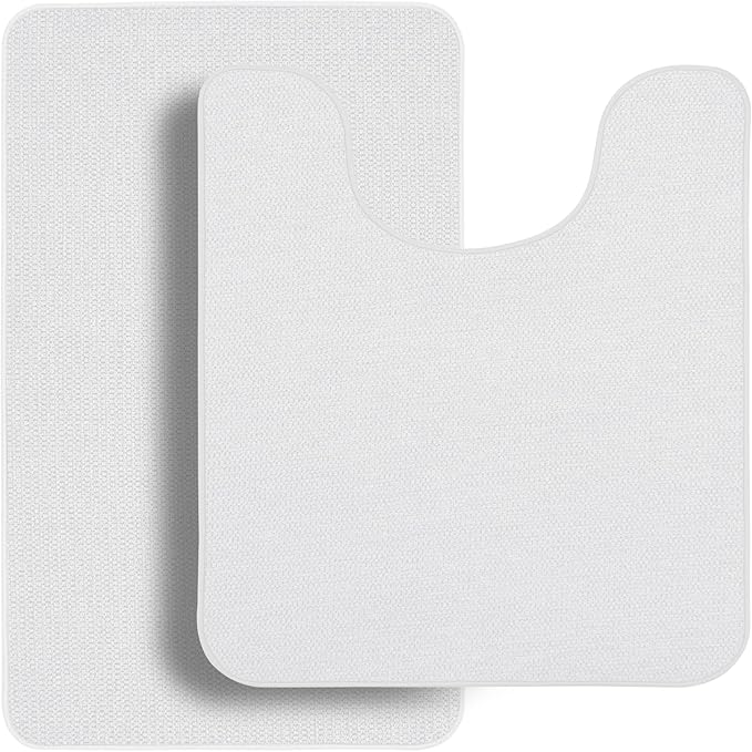 Bathroom Rugs Set 2 Pieces,Thin Bathroom Mats,Toilet Rugs,Quick Dry,Non-Slip,Machine Washable,Low Pile,Absorbent Bath Mats,Shower,Sink,Home Decor Accessories.White,1'5"x2'3"+1'8"x2" U Shape