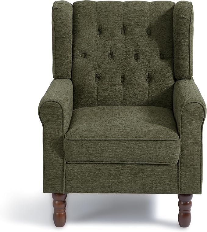 Accent Chair, Upholstered Armchair with Button Tufted High Back & Solid Wood Legs, Comfy Wingback Reading Single Sofa Chair for Small Spaces, Living Room, Bedroom (Green, Set of 2)
