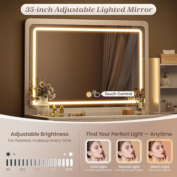 PRAISUN 55'' Large Makeup Vanity Desk with 35.4'' LED Mirror & Power Outlets, Painted Surface White Vanity with Glass Top, 3 Drawers and Cabinet, Fluted Big Dressing Vanity Table