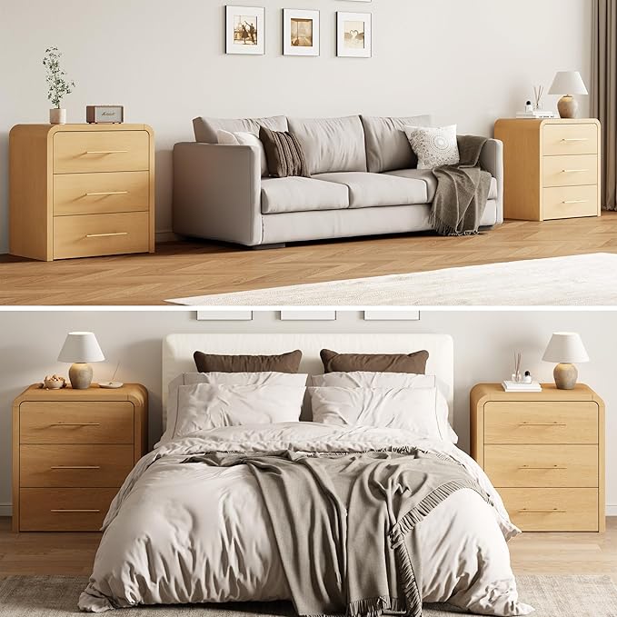 Curved 3-Drawer Nightstand Dresser Set of 2, 23.6'' Wide Modern Wood Bedside Tables with Long Metal Handles, Large Storage End Tables for Bedroom, Office, Natural Oak