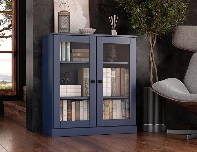 Palace Imports Solid Wood Bookcase - Floor Standing Bookshelf - 32” W - Display Furniture, Renewable 100% Eco-Friendly Wood, Made in Brazil (Navy Blue, Clear Glass Doors | 3-Shelf Short Bookcase)