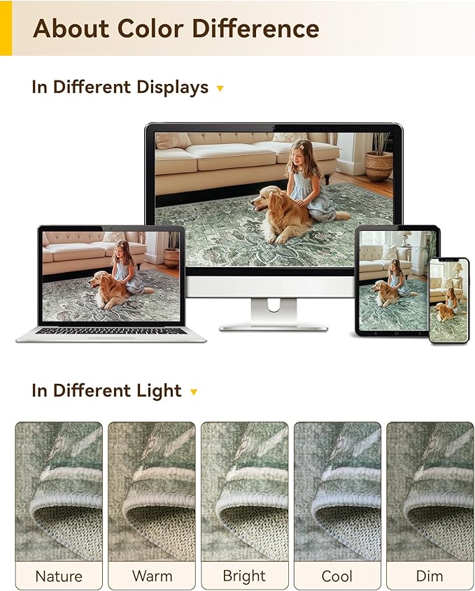 Area Rugs 8'x10' Washable Non-Slip, Floral Vintage Distress Print Pattern Medallion Carpet for Living Room Bedroom Dining Room, Dark Green Gray