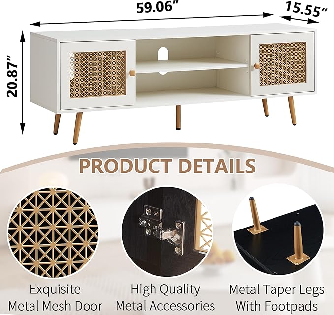 JYED Mid Century Modern TV Stand with Metal Mesh Doors and Open Shelf for 65" TVs,Antique White Media Console Wood Entertainment Center with Cable Holes for Living Room.59.06"x15.55"x20.87"