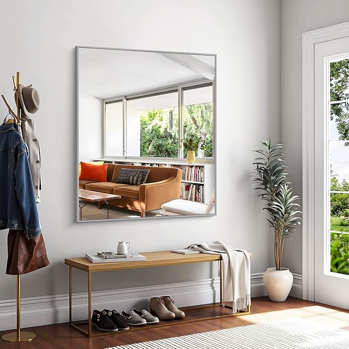 KOCUUY Silver Bathroom Mirror, 40"x48" Large Rectangular Mirror with Metal Frame, Brushed Nickel Vanity Mirror with Modern Design for Bathroom, Living Room, Entryway, Hang Horizontal/Vertical