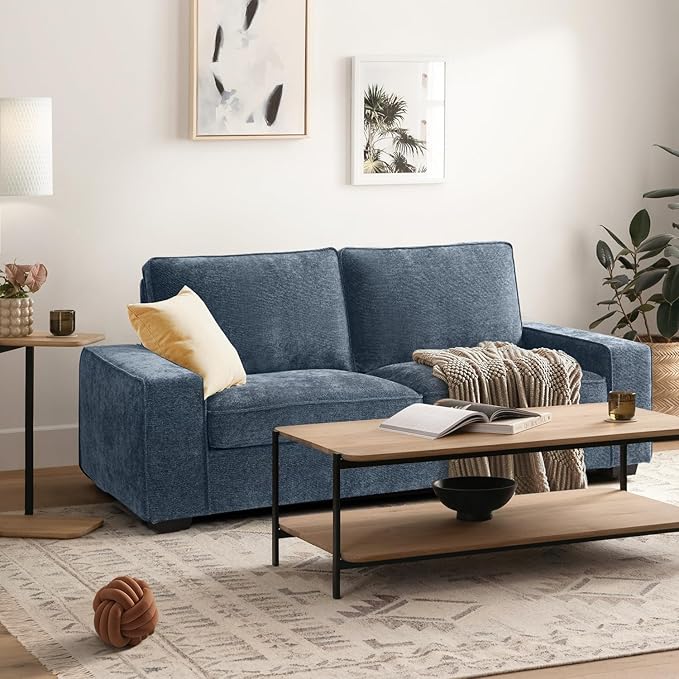 EASELAND 71.25" Loveseat Sofa Couch for Living Room, Chenille Modern Sofa Couch, Deep-Seated Sofa with Solid Wood, Metal and Removable Cover Easy to Install 2 Seats(Blue)