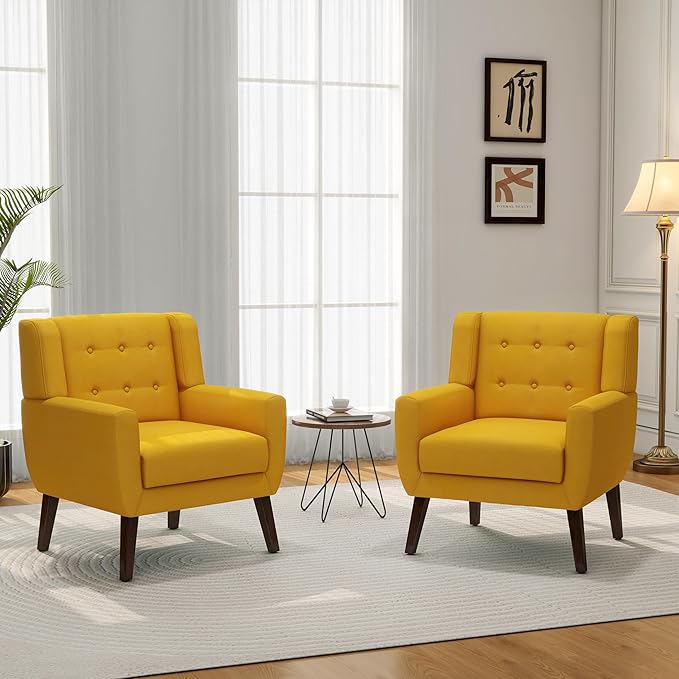 Accent Chair, Mid-Century Modern Fabric Chairs with Arms for Living Room, Comfy Upholstered Club Single Sofa Armchair for Bedroom Waiting Room with Solid Wood Frame (Fabric Yellow, Set of 2)