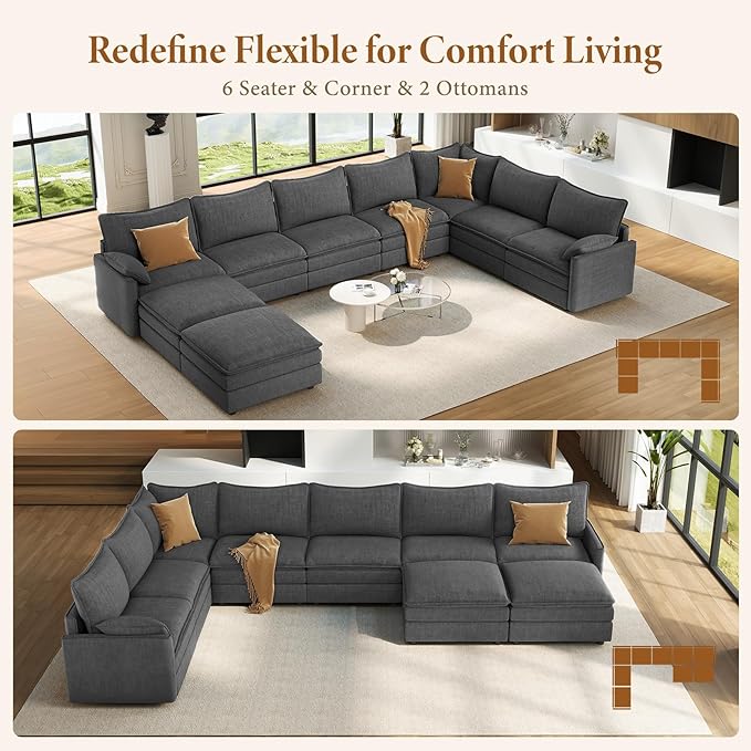 Vesgantti Large Modular Sectional Sofa, Big Comfy Cloud Couch with Ottoman Deep Seat Chenille Cloud Sofa, 9 Seater Large Sectional Couches for Living Room, Bedroom and Apartment, Gray