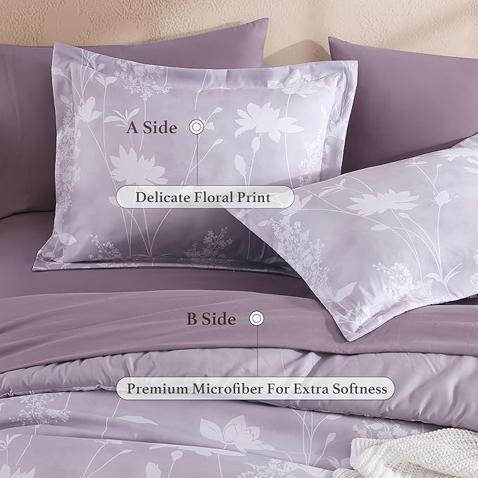 Queen Comforter Set -7 Pieces Floral Purple Comforter Set for All Seasons, Bed in a Bag Queen with Botanical Flowers Comforter, Sheets, Pillowcases & Shams