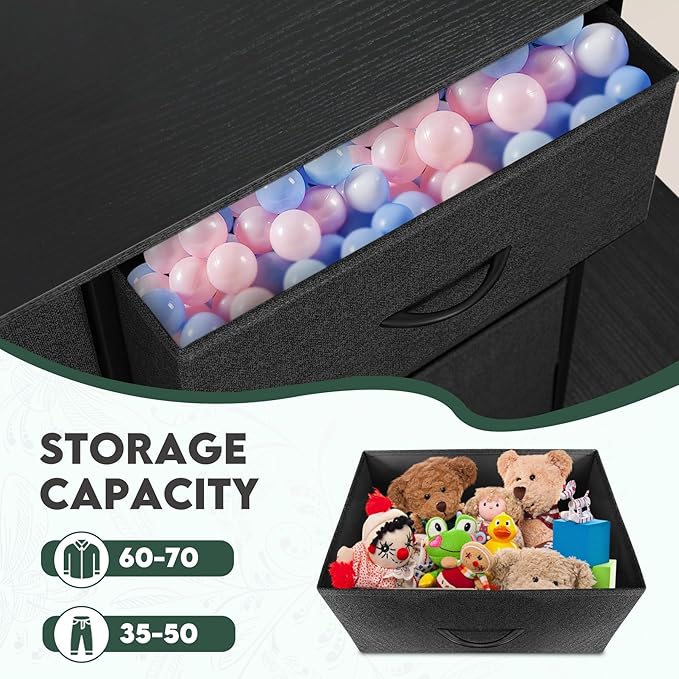 Dresser for Bedroom with 10 Drawers, Chest of Drawers, Storage Drawers Organizer Unit, Black Wide Fabric Dresser with Fabric Bins for Closet, Living Room, Entryway (Black and Charcoal Black)