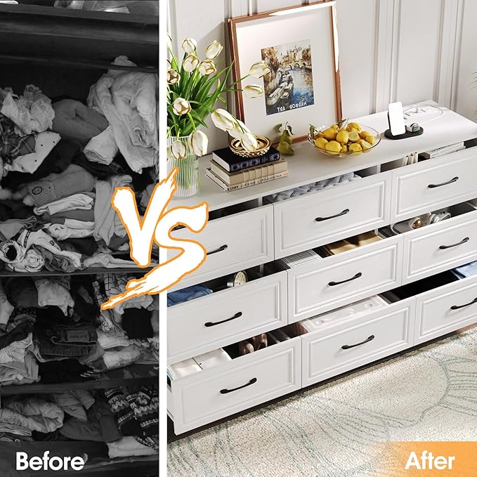 Fameill Dresser for Bedroom, 9 Drawer Wide Dresser Organizer with Charging Station, Tall Dresser for Hallway, Wood Dresser with Metal Handles, Woodgrain White