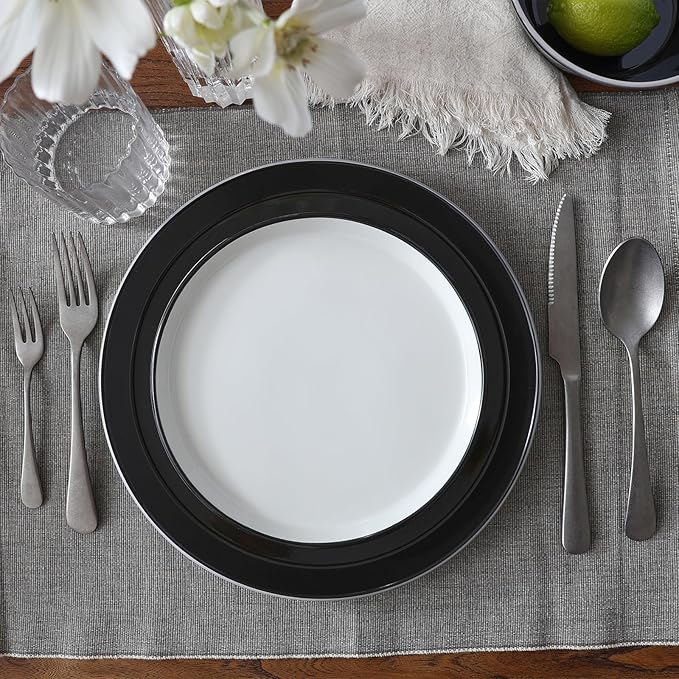 Famiware Saturn Dinnerware Sets, Plates and Bowls Sets for 4, 12 Pieces Stoneware Dish Set - Chip and Scratch Resistant, Microwave and Dishwasher Safe Tableware Set, Black and White with Rim