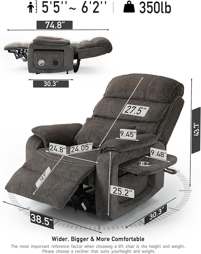 Large Power Lift Chairs Recliners for Elderly with Heated and Massage, Upgraded Dual Motor Lay Flat Recliners, 25in Extra Wide Seat, Folding Tablet, Side Pocket