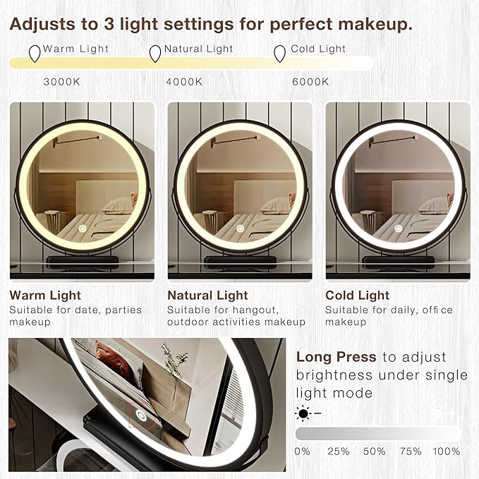 Small Vanity Desk with Mirror and Lights| Modern Makeup Vanity Table with Adjustable Nightstand and 4 Storage Drawers| Black and White Dressing Table for Bedroom Space