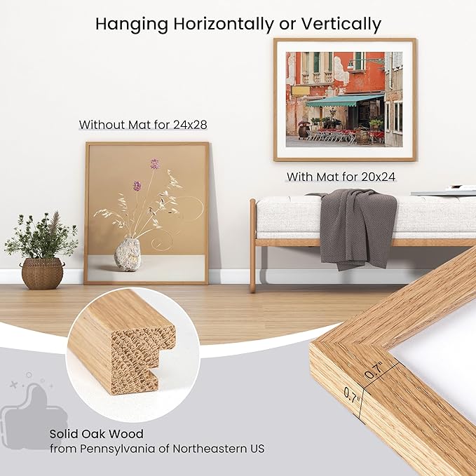 Axeman 24x28 Solid Oak Wood Frame With Mat for 20x24 | Tempered Glass and Hanging Hardware Included Natural Home Wall Decor Art Hanging Frame