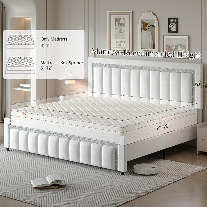 HOMBCK King Size Bed Frame with Diamond Velvet Headboard, Upholstered Bed Frame King with Wooden Slats Support, No Box Spring Needed, Noise Free, Easy Assembly, White