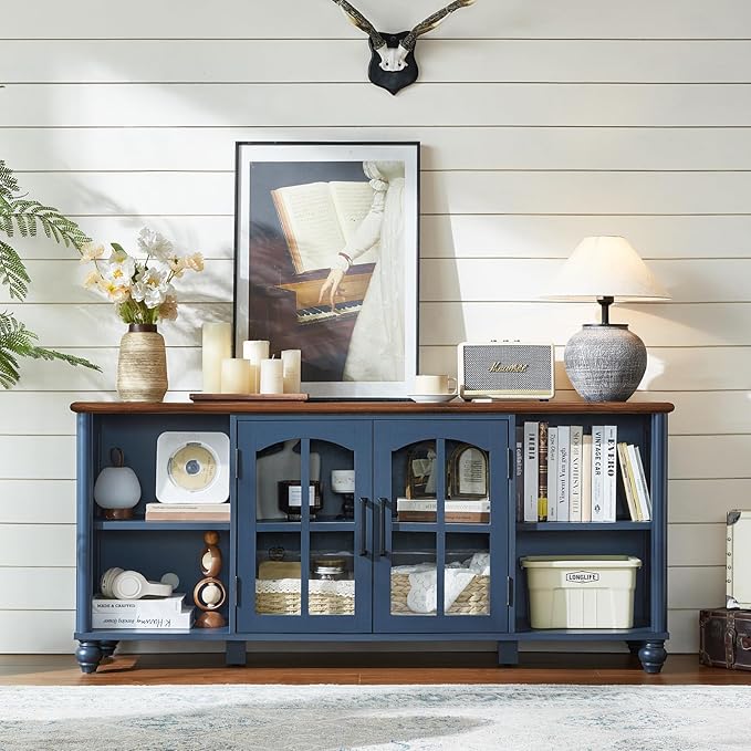 Farmhouse TV Stand for 60 Inch TV, Wood Entertainment Center with Glass Door Storage Cabinet & Adjustable Shelves,Television Stands for 65" TVS, TV Console Table for Living Room,Bedroom,Blue