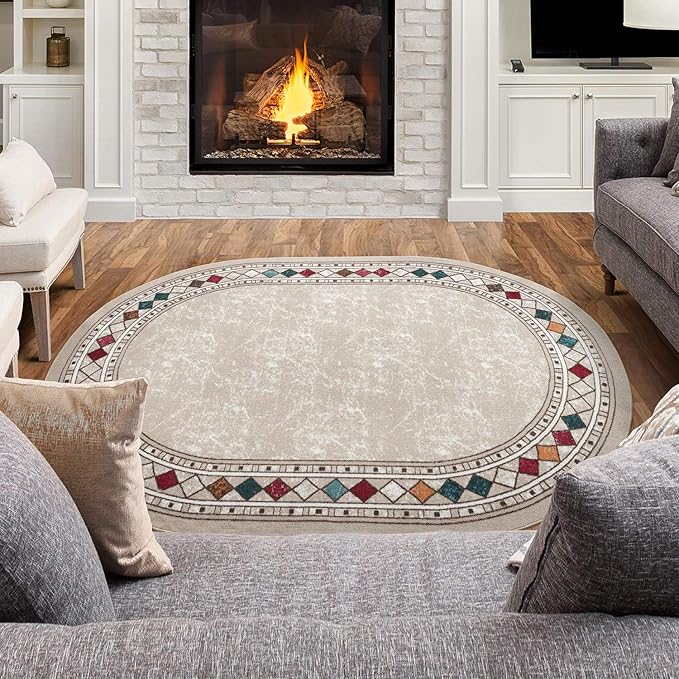 Antep Rugs Alfombras Modern Bordered 5x7 Non-Skid (Non-Slip) Low Profile Pile Rubber Backing Indoor Area Rugs (Beige, 5' x 7' Oval)