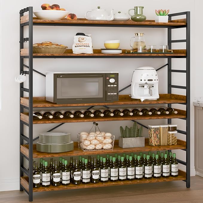 HCHQHS 6 Tier Bookshelf, Adjustable Industrial Bookcase, Vertical Tall Book Shelf, Wood and Black Metal Open Bookshelves for Home Office, Living Room, Bedroom