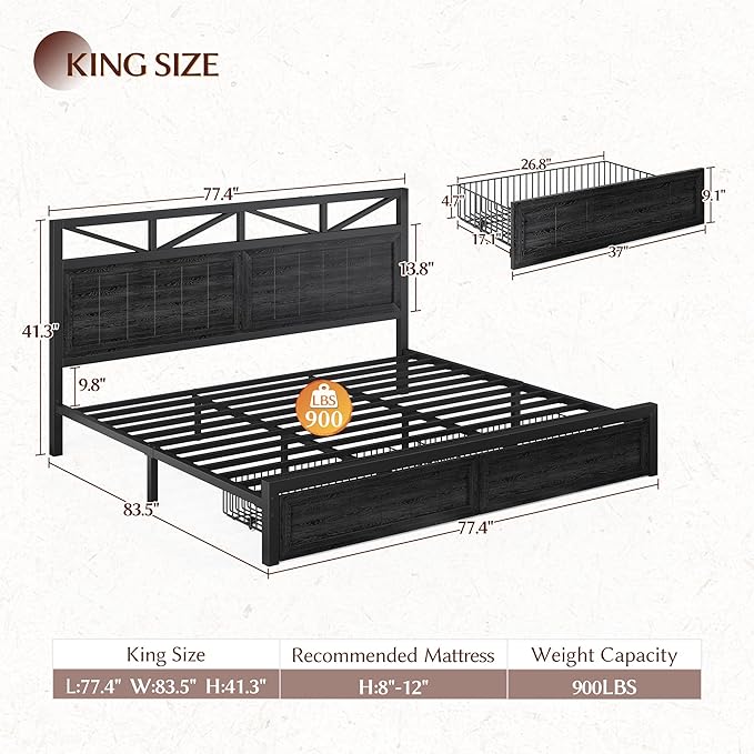 EnHomee King Size Bed Frame with Headboard and Storage, 2 Drawers & LED Farmhouse King Bed Frame with Storage Built in Charging Station,NO Noise,No Box Spring Needed,Black