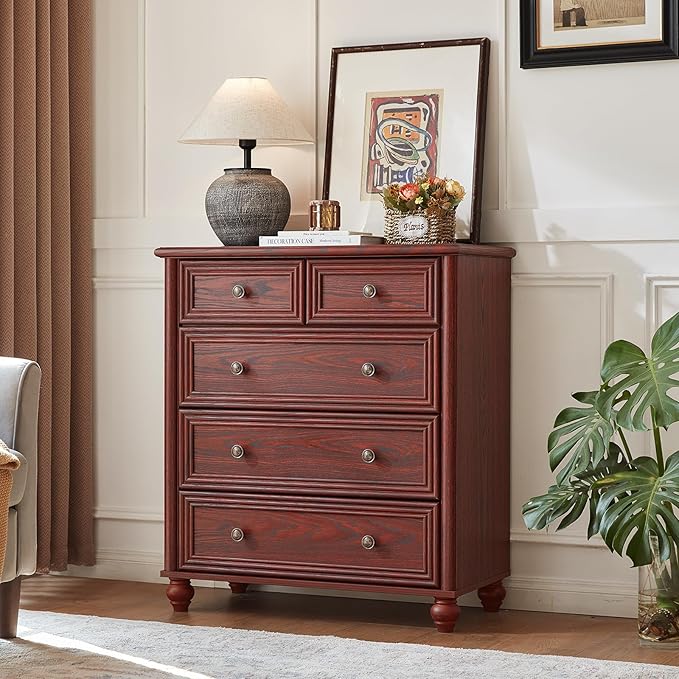 Farmhouse 5 Drawer Dresser for Bedroom, 35.5" Tall Small Dressers & Chest of Drawers, Rustic Wood Dresser with Roman Column, Storage Organizer for Living Room, Hallway, Closet (Red Oak)