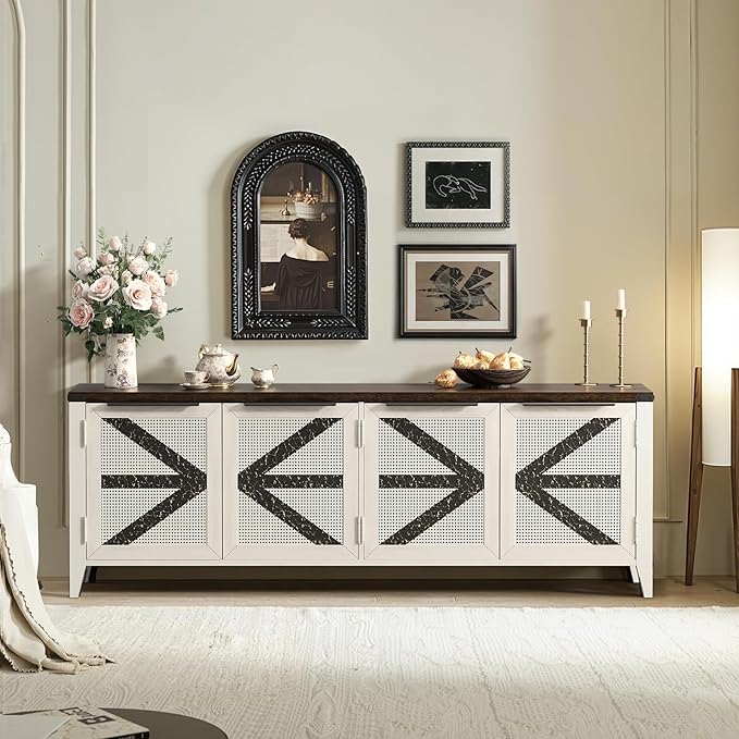 VFK 70 Inch Farmhouse TV Stand for 75 Inch TV, Rustic Entertainment Center with 4 Doors, Wood Media Console Cabinet with Storage, Living Room TV Cabinet