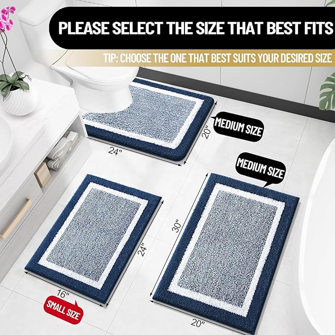 OLANLY Bathroom Rugs 24x16, Extra Soft and Absorbent Microfiber Bath Mat, Non-Slip, Machine Washable, Quick Dry Shaggy Bath Carpet, Suitable for Bathroom Floor, Tub, Shower (Small, Navy)