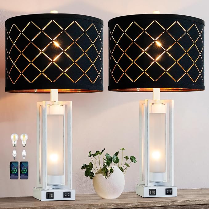 RORIANO 25" Set of 2 Farmhouse Table Lamps with USB C+A Ports, Rustic Retro Nightstand Lamps with White Night Light, Black Grid Shade, Desk Lamps for Bedroom Bedside, 4 Bulbs Included