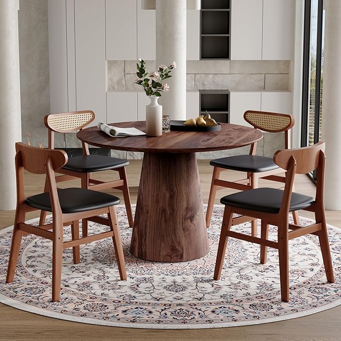 45 Inch Round Dining Table Set for 4, 5 Piece Kitchen Table and Chairs Set, Wooden Table with Walnut Finish, Small Space Dining Set for Apartment or Dining Room