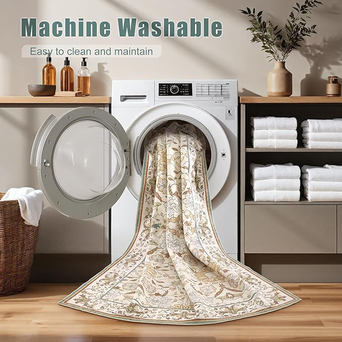 Nursery Rug 9x12 for Kids & Girls - Washable Vintage Large Floral Area Rugs - Ultra Thin Stain Resistant Non Slip Carpets for Kids Playroom, Living Room, Bedroom, Dining Room, Office - Floral