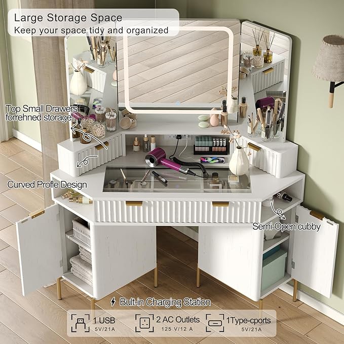 48'' Modern Vanity Desk with HD Triple Mirror & Lights,Large Corner Vanity Table with Glass Top, Charging Station,1Multifunctional Drawers & 2 Small Drawers, Dressing Table Set with 2 Cabinets, White