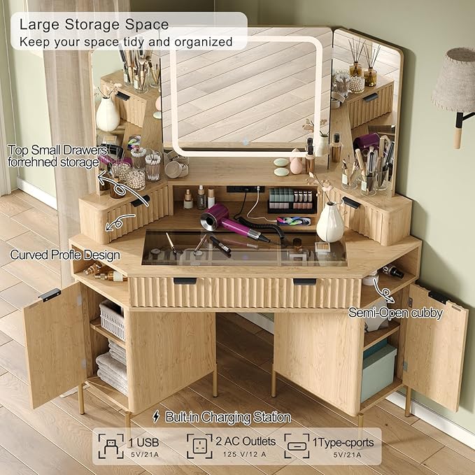 48'' Modern Vanity Desk with HD Triple Mirror & Lights,Large Corner Vanity Table with Glass Top, Charging Station,1Multifunctional Drawers & 2 Small Drawers, Dressing Table Set with 2 Cabinets, Oak