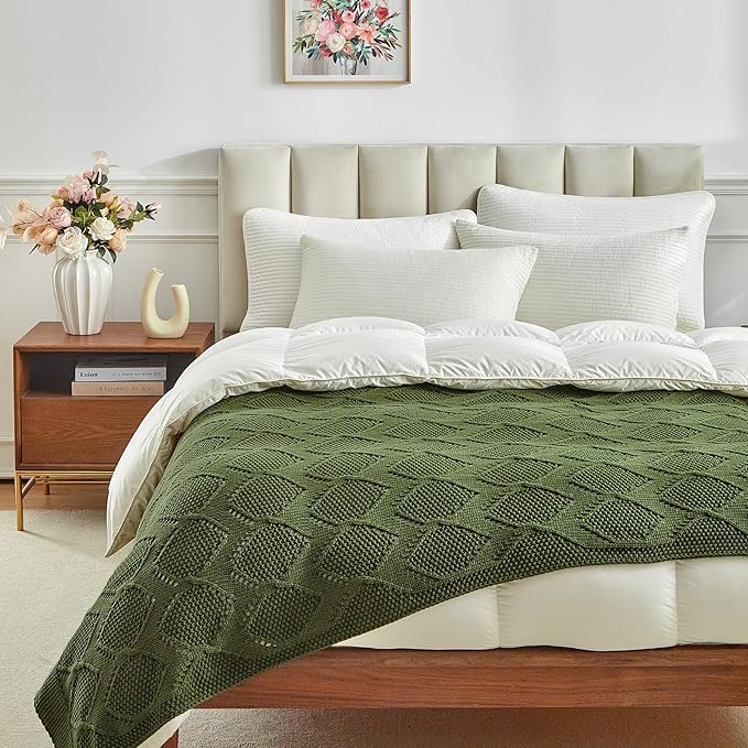 Longhui bedding Chunky Cotton Knit Throw Blanket for Couch, Sofa, Bed, or Chair, Decorative Breathable Fall Cable Knit Blanket 60 x 80 Inches, Large Olive Green