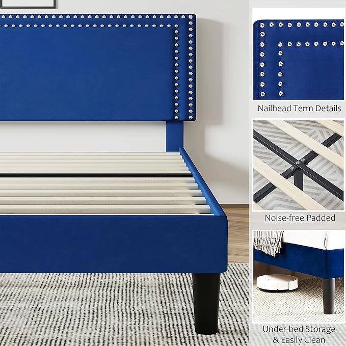 VECELO Queen Size Bed Frame with Adjustable Upholstered Headboard, Wooden Slats Platform, Noise-Free Design, Easy Assembly