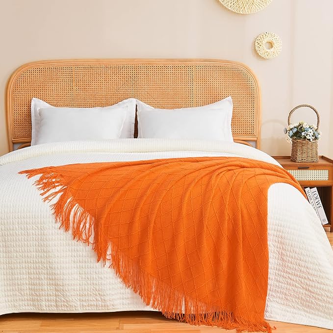 inhand Fall Throw Blanket Burnt Orange for Couch, Soft Living Room Home Decor Knitted Twin Size Blanket, Outdoor Lightweight Breathable Summer Blanket, Farmhouse Warm Woven Decorative, 60"x80"