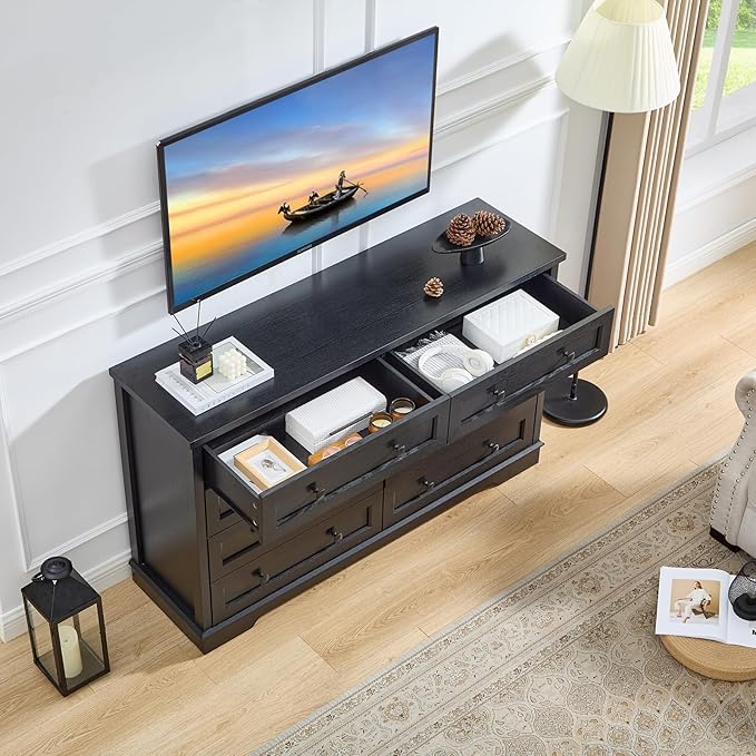 SOOWERY Dresser for Bedroom, Farmhouse Dresser with 8 Wooden Drawers and Storage Cabinet, 55 Inches Wide Chest of Drawers for Bedroom, Living Room, Hallway, Black