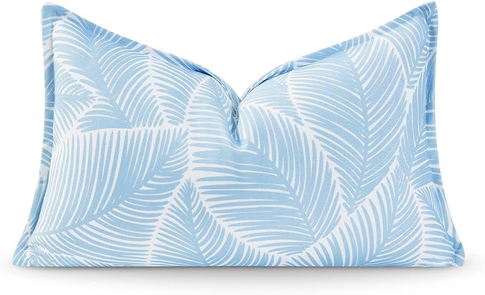 Hofdeco Premium Coastal Hampton Style Patio Indoor Outdoor Lumbar Pillow Cover Only, 12"x20" Water Resistant for Backyard, Couch, Baby Blue Palm Leaf