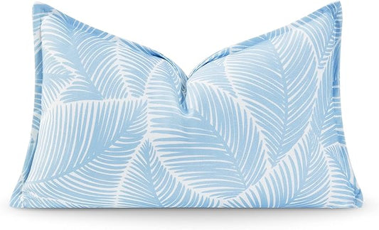 Hofdeco Premium Coastal Hampton Style Patio Indoor Outdoor Lumbar Pillow Cover Only, 12"x20" Water Resistant for Backyard, Couch, Baby Blue Palm Leaf