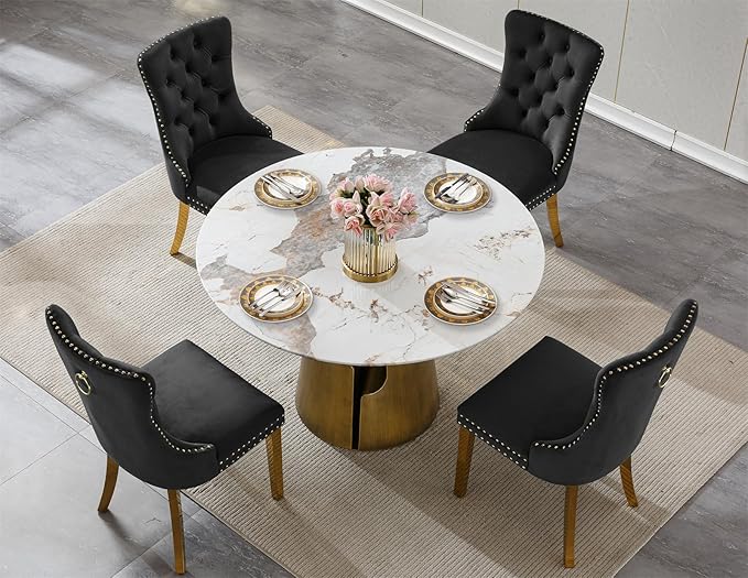 5-Piece Faux Marble Round Dining Table Set for 4, Modern Luxury Kitchen Table Set for 4 with Black Tufted Chairs,Circle Dining Tables with Pandora Grain Top and Bronze Pedestal Base