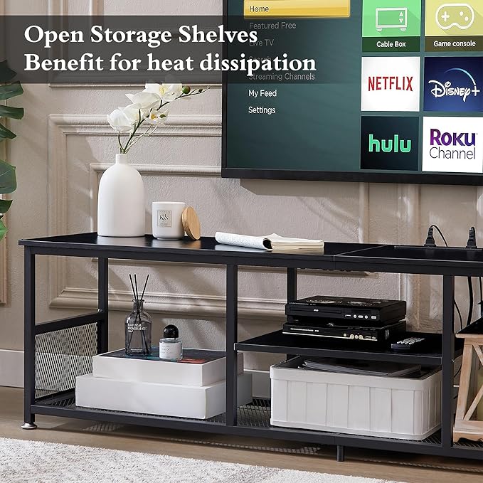 VECELO TV Stand with Power Outlets for Televisions up to 75Inch, 62" Media Entertainment Center with Charging Station 3-Tier Open Storage Shelves with Metal Frame for Living Room/Bedroom，Black
