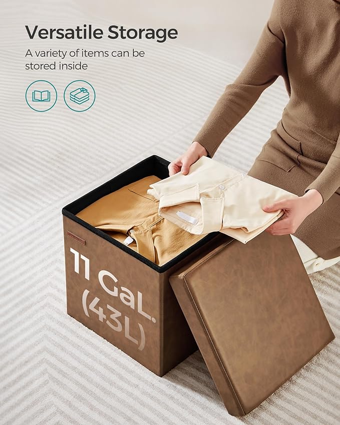 SONGMICS Mazie Collection - 15 Inches Ottoman with Storage, Footstool, Storage Ottoman with Metal Handles, Load 660 lb, for Dorm, Living Room, Bedroom, Synthetic Leather, Coffee Brown ULSF030K01