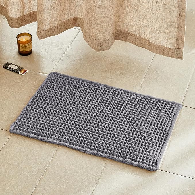 Waffle Bath Mat, Boho Bathroom Rugs Non Slip Washable Super Absorbent Quick Dry Bath Mat Farmhouse Bathroom Decor, 24"x16" Grey