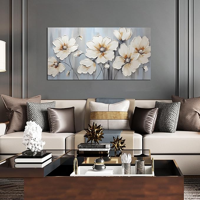 Large Artwork Canvas Wall Art for Living Room Bedroom Modern White Flower Theme Picture Wall Art with Frame Canvas Decorative Artwork Hangable Decor Painting Size 20x40