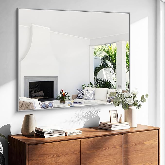 KOCUUY Silver Bathroom Mirror, 40"x48" Large Rectangular Mirror with Metal Frame, Brushed Nickel Vanity Mirror with Modern Design for Bathroom, Living Room, Entryway, Hang Horizontal/Vertical