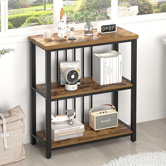 FOLUBAN 3 Tier Bookshelf, Industrial Wood and Metal Bookcase, Small Book Shelf for Home Office Bedroom Living Room, Rustic Brown