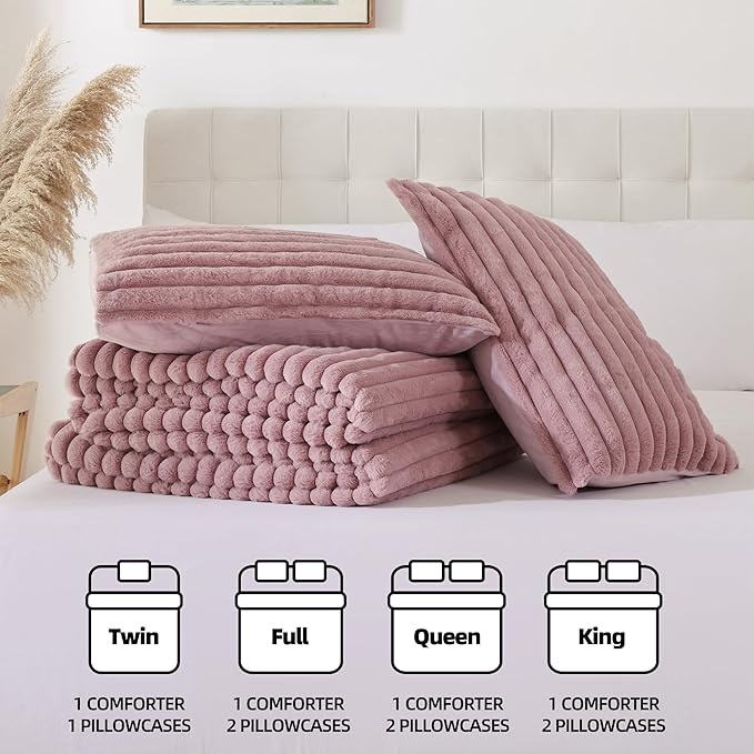 Smoofy Fluffy Full Size Comforter Sets 3 Pieces - Old Pink Fleece Fluffy Comforter Set, Luxury Fuzzy Full Bed Set, Soft Comforter Full Size All Season, Heavy Faux Fur Comforter with 2 Pillow Cases