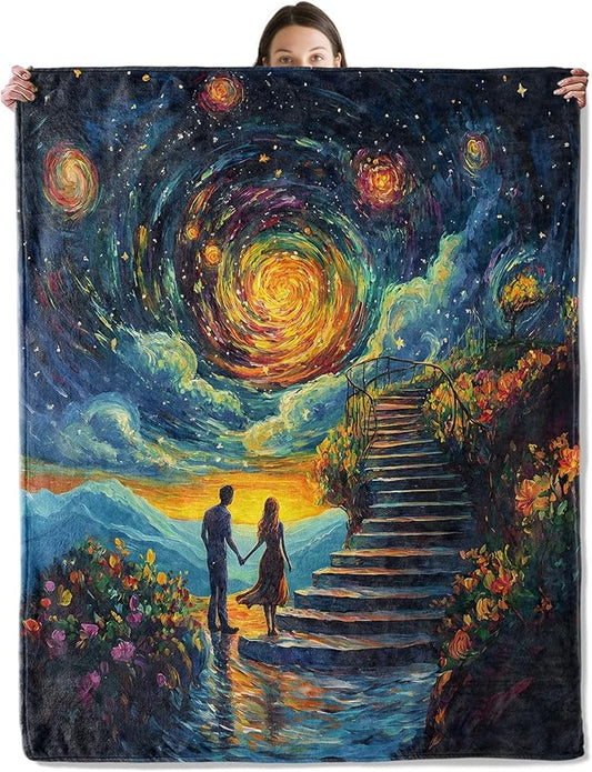 Romantic Starry Night Blanket, Cozy Flannel Dreamy Galaxy Sky Throw Blanket for Couch Outdoor, Plush Soft Lightweight Travel Blankets for Bed Decor and Gifts, for Women Men Adults 60"x80"